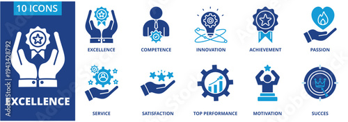 Excellence icon collection set. Containing Excellence, Competence, innovation,achievement, passion, service, satisfaction, top performance, motivation, succes icon.  dual tone vector.	
