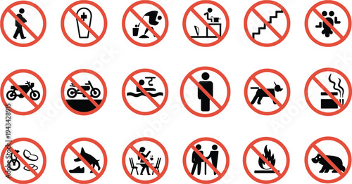 Vector Collection of Red Prohibition Signs and Warning Symbols
