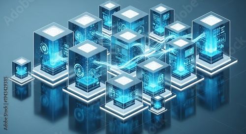 A futuristic digital illustration of glowing blue cubes