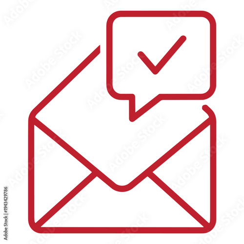 Red email icon with checkmark in speech bubble for confirmation or notification purposes online