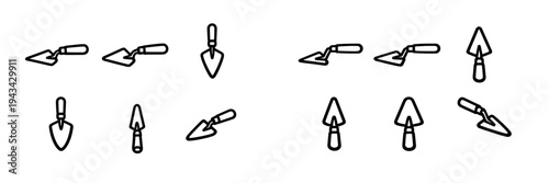 This black and white illustration features several views of a construction trowel tool. The simple line art shows the masonry equipment from multiple angles on a plain background.