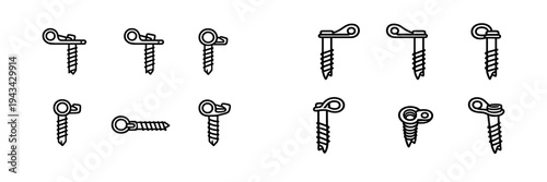 Set of ice screw icons for mountaineering and ice climbing equipment on white background