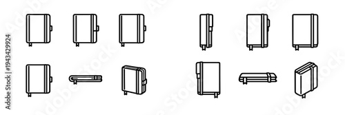 Minimalist notebook and journal line icons set showing various angles including front side and perspective views for stationery design