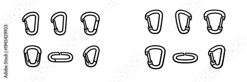 Set of climbing carabiner icons for mountaineering and rock climbing safety equipment on white background