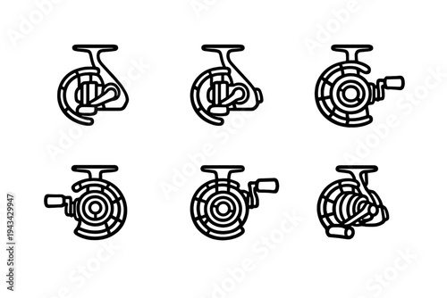 Collection of fishing reel line icons for angling equipment and outdoor sport gear design on white background