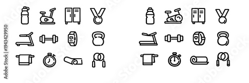 Fitness and gym equipment line icons set featuring treadmill dumbbell kettlebell stationary bike water bottle and yoga mat