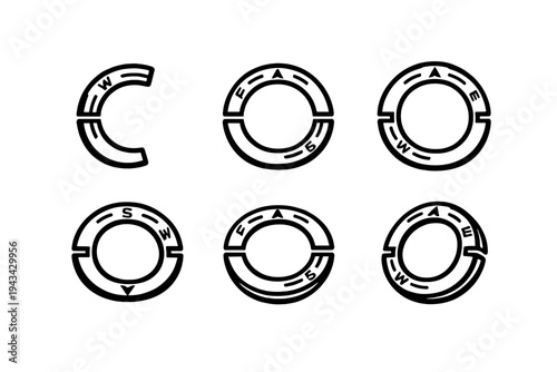 Set of circular directional compass icons with letters and arrows for navigation interface design isolated on white background