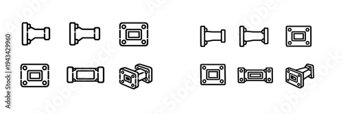 Set of industrial waveguide flange icons for microwave engineering and telecommunications equipment design isolated on white background