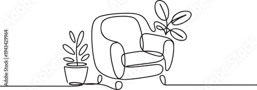 Continuous one line drawing of armchair and with potted plants. one line art icon drawing vector