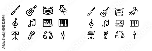 Collection of music and audio equipment icons including guitar drum microphone headphones and musical notes in two different line styles