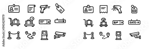 Set of airport and travel icons including luggage scale boarding pass security camera and baggage trolley for logistics and transportation