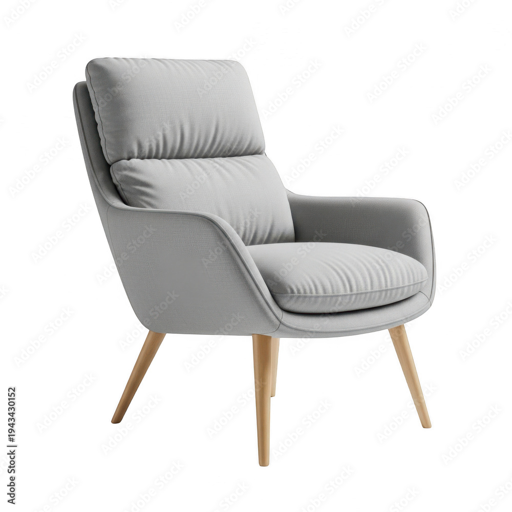 Obraz premium Modern gray armchair with wooden legs and curved backrest isolated on transparent background