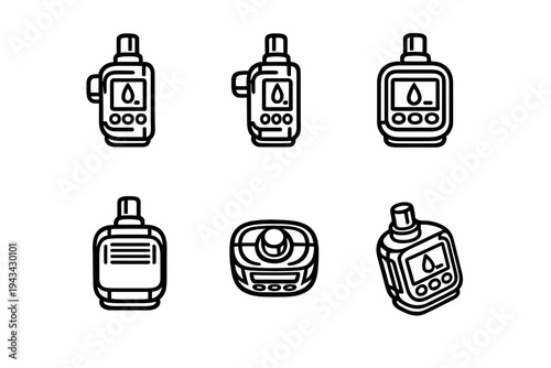 Set of blood glucose meter icons for diabetes monitoring and health tracking on white background