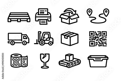 A collection of twelve minimalist line icons representing logistics and shipping services, including a truck, forklift, pallet, matrix code, and fragile symbol on a dark background.