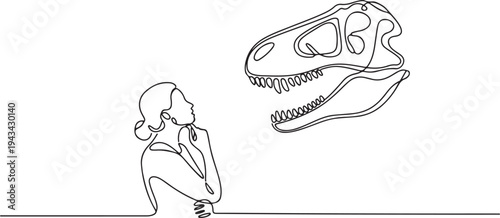 Woman looking at a dinosaur head display in a museum display. one line art icon drawing vector