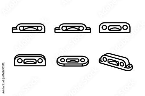 A collection of six minimalist line art icons depicting a small electronic device or sensor module from various perspectives, featuring circular lenses and a central recessed port.