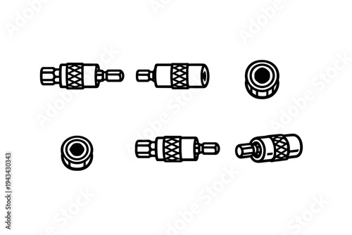 This technical drawing displays six distinct perspectives of a mechanical part or industrial connector. The minimalist line art highlights the structural details from multiple angles.