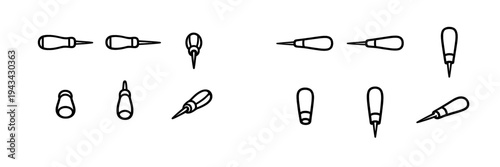 A collection of black and white line art illustrations showing a hand tool, possibly a screwdriver or awl, from various angles and orientations on a plain background.