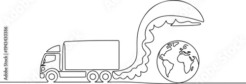 Continuous one line drawing Air pollution from truck exhaust can damage the ozone layer. Protects the earth's ozone layer from perforating. one line art icon drawing vector