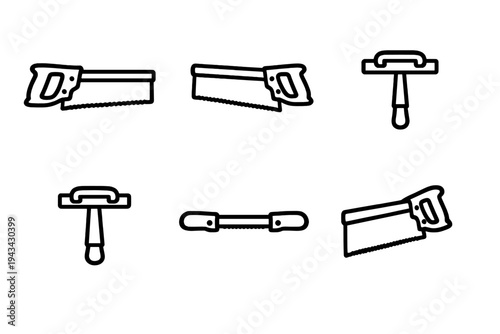This set features minimalist white line art icons of traditional woodworking tools including hand saws and drawknives, arranged neatly against a dark black background.