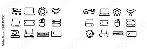 Collection of technology and computer hardware line icons including laptop server router keyboard and networking equipment on white