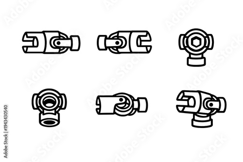 Universal joint components for mechanical engineering and automotive drive shaft design isolated on white background