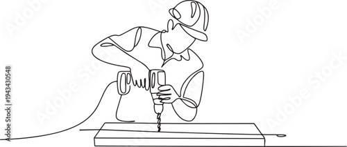 Continuous one line drawing carpenter is drilling wood. Construction worker in uniform and helmet doing work. one line art icon drawing vector