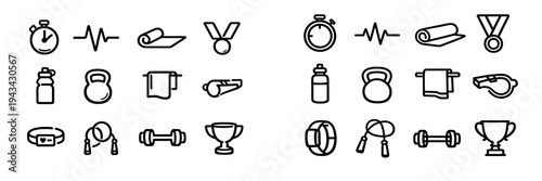 A collection of minimalist fitness and sports icons featuring a stopwatch, kettlebell, dumbbell, and trophy. These white line art symbols are set against a solid black background.