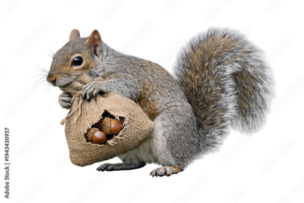 Fototapeta premium Squirrel hoarding acorns in a burlap bag