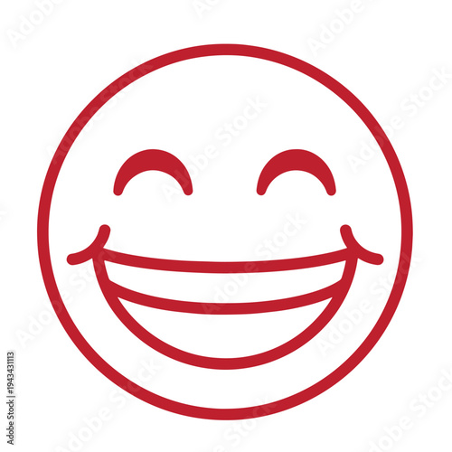 Red smiling face emoticon icon with circular outline and wide grin on white background