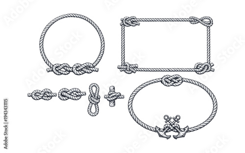 Vintage Nautical Rope Frames and Knots with Anchors – Marine Rope Borders and Decorative Sailor Knot Elements Vector Set