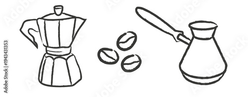Hand drawn moka pot, cezve and coffee beans doodle illustration set