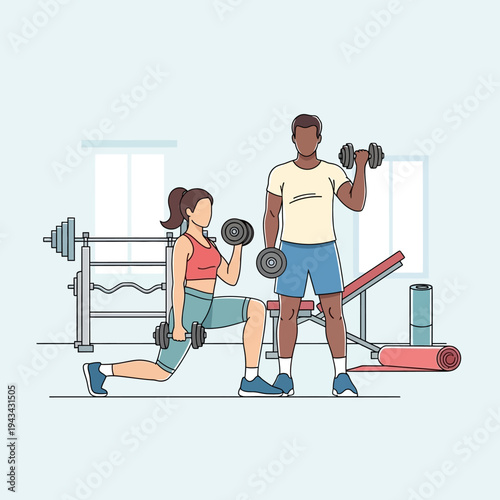 Man and woman exercising with dumbbells in a gym, fitness and workout concept