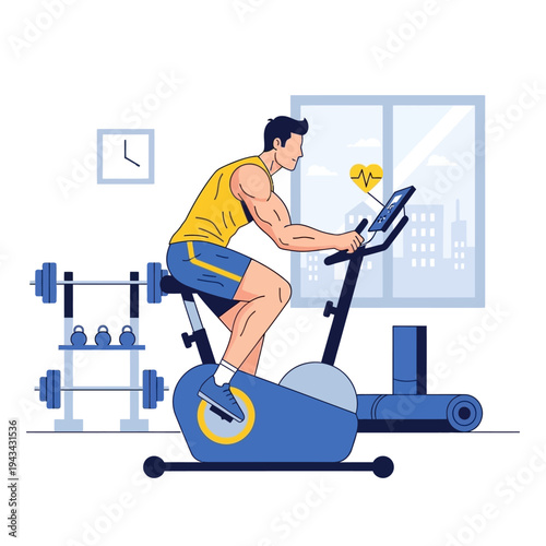 Man cycling on stationary bike in home gym, monitoring heart rate on screen