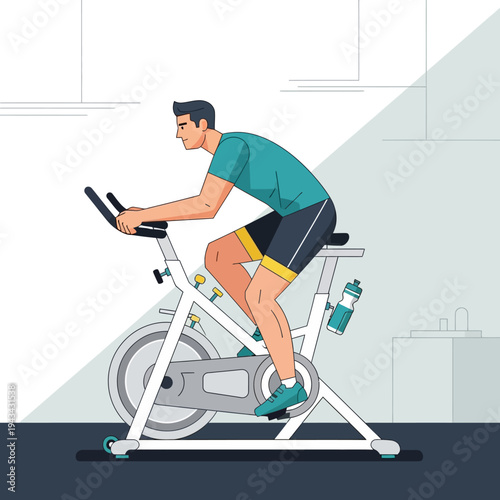 Man cycling on stationary bike, fitness, indoor workout, healthy lifestyle, exercise