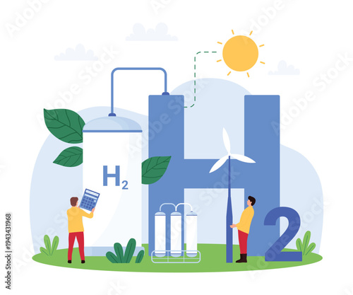 Vector illustration of tiny people developing and researching hydrogen fuel technology, highlighting sustainable energy solutions, environmental benefits, and scientific innovation.