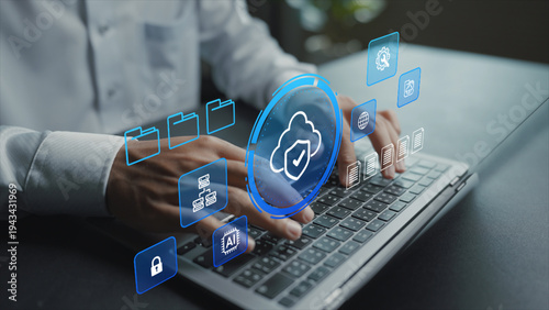 Cloud security and data protection concept. Person using laptop with cloud computing and cybersecurity icons, secure data storage, privacy protection and digital infrastructure.