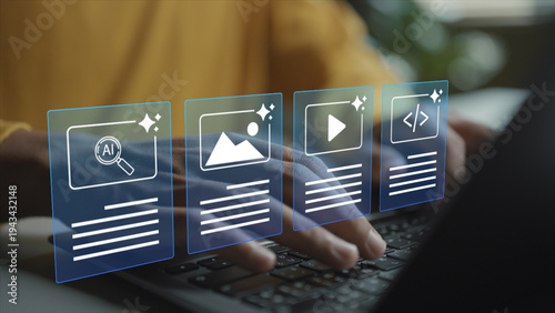 AI content management concept. Person using laptop with artificial intelligence and digital content icons, automated content organization, data management and smart workflow.