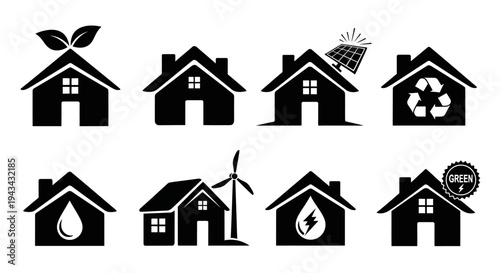 Eco-friendly house icons: solar panel, wind turbine, recycle, water, leaf, green energy