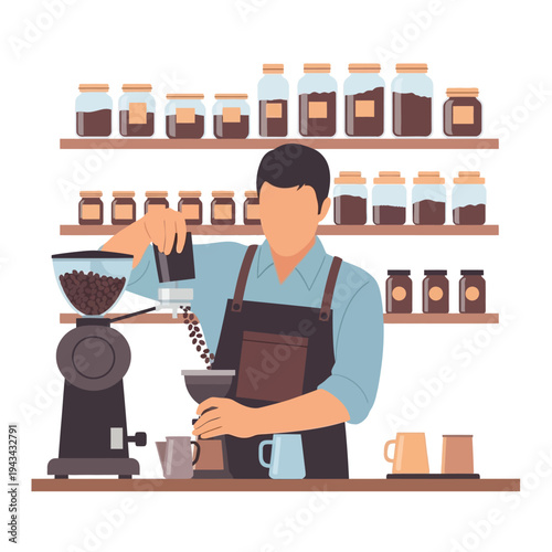 Barista grinding coffee beans for fresh espresso at a cafe counter with shelves of jars