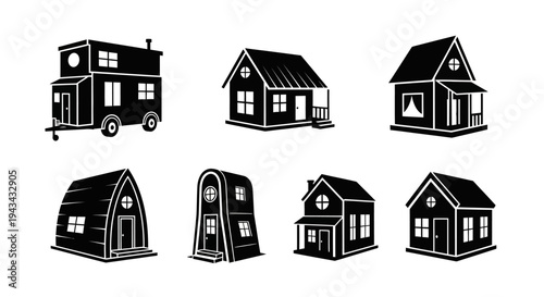 Collection of Diverse Tiny House Styles, Black and White Vector Icons