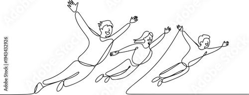Happy free people flying concept. Happy free people flying. Characters strive for goal and develop. Smiling person in various poses. one line art icon drawing vector