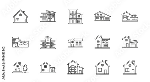 Collection of Hand-Drawn House Icons: Modern and Traditional Residential Buildings