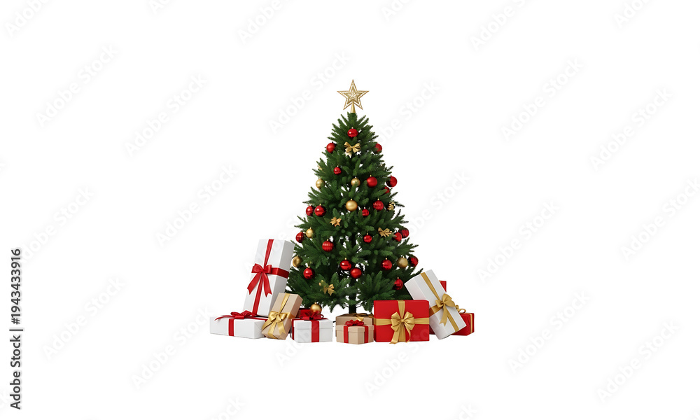 Obraz premium Christmas tree with red and white presents and gold star on transparent background transparent background