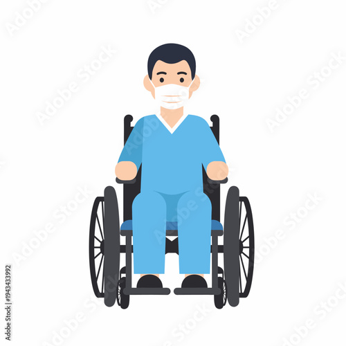 Male patient in a wheelchair wearing a protective face mask and blue hospital scrubs, front view illustration.