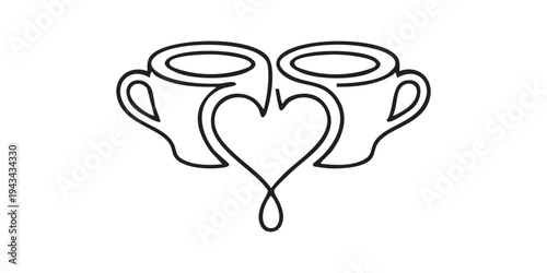 Continuous Line Coffee Cups Forming a Heart Art, Minimalist Coffee Wall Art, One Line Coffee Illustration, Kitchen Decor Printable, Cafe Love Art