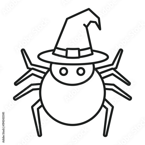Cute cartoon spider wearing a witch hat, simple line art for Halloween celebration