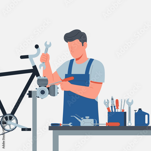 Bicycle Mechanic Working on Bike Repair with Tools on Workbench