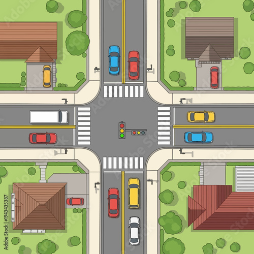 Aerial View of Busy Suburban Intersection with Traffic and Houses