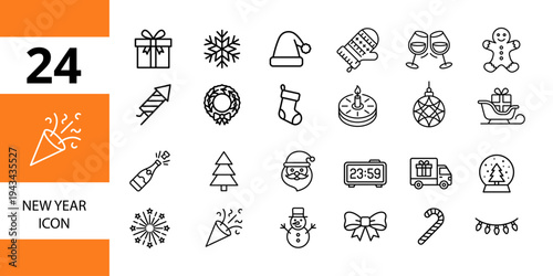 New year celebration icons: gift box, snowflake, santa hat, mittens, wine glasses, gingerbread man, firecracker, wreath, and clock